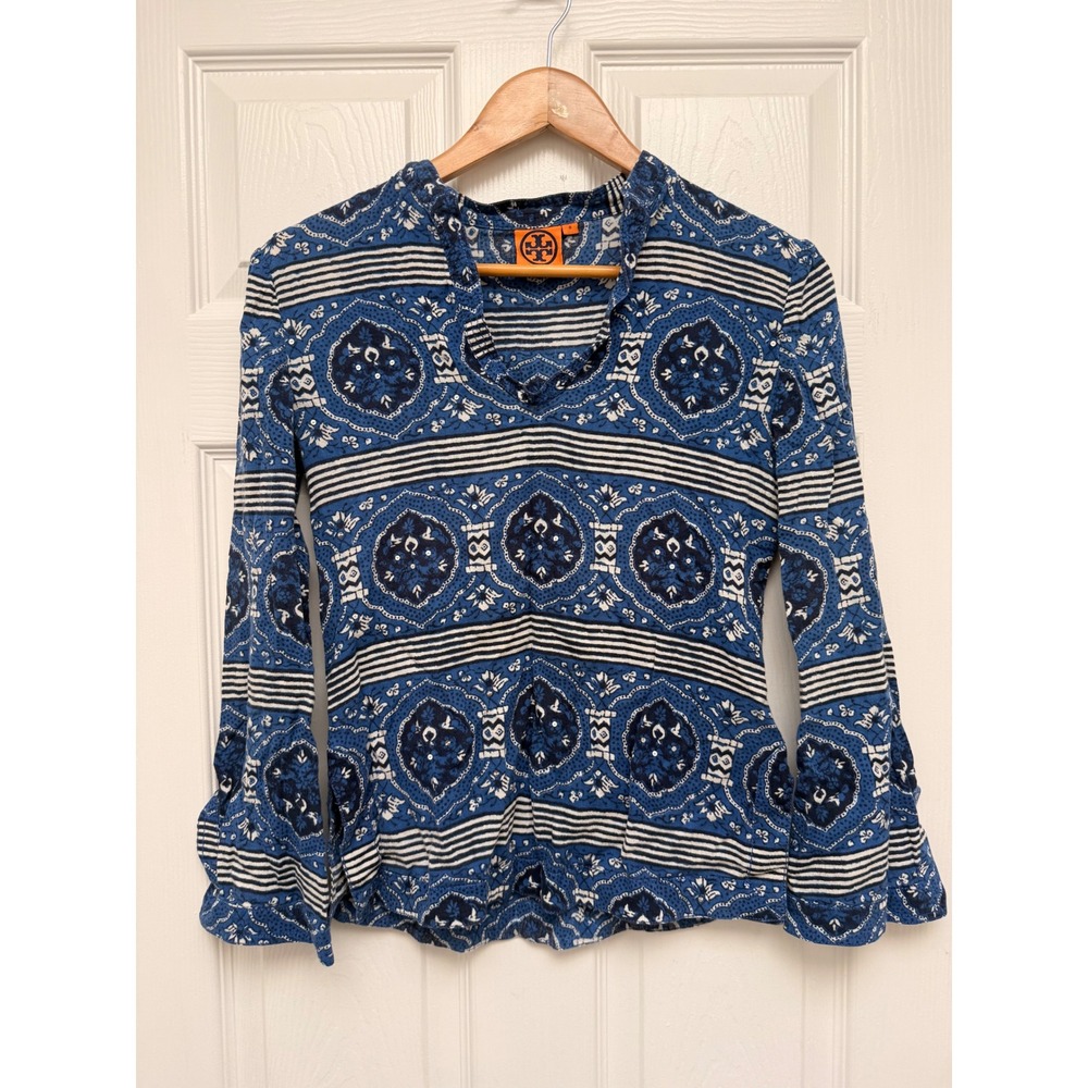 Tory Burch Blue White Medallion Tile Print Split Neck Tunic Top Size 0
